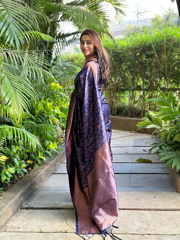 Royal Blue Banarasi Soft Silk Saree with Rose Gold Zari Woven Border
