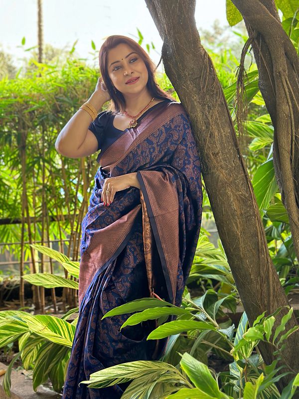 Royal Blue Banarasi Soft Silk Saree with Rose Gold Zari Woven Border