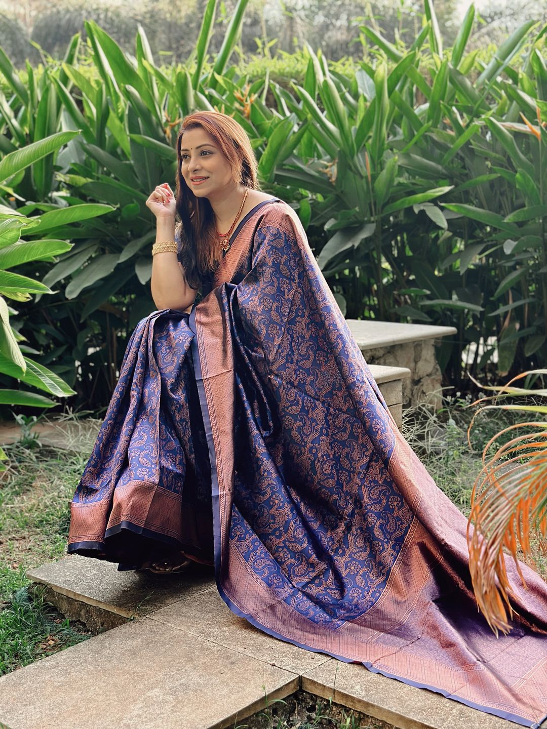 Royal Blue Banarasi Soft Silk Saree with Rose Gold Zari Woven Border