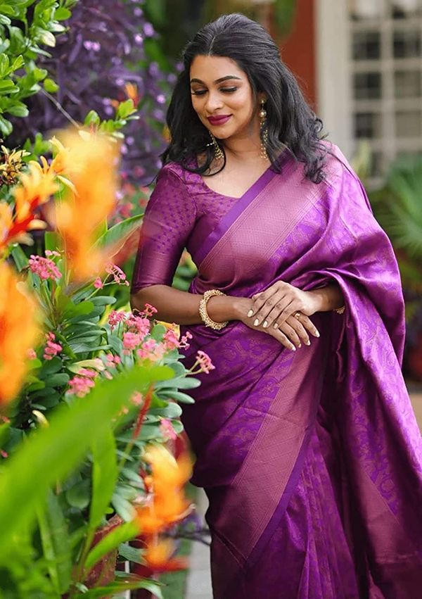 Varnavi Royal Purple Banarasi Soft Silk Saree with Woven Border