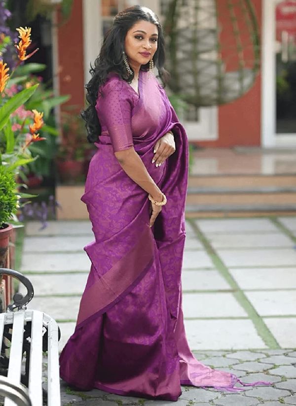 Varnavi Royal Purple Banarasi Soft Silk Saree with Woven Border
