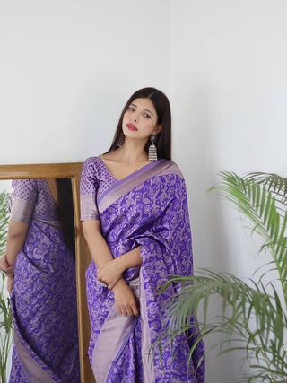 Royal Purple Banarasi Soft Silk Saree with Silver Zari