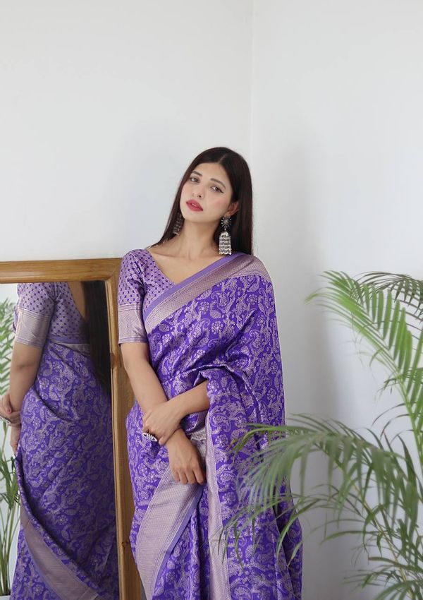 Royal Purple Banarasi Soft Silk Saree with Silver Zari