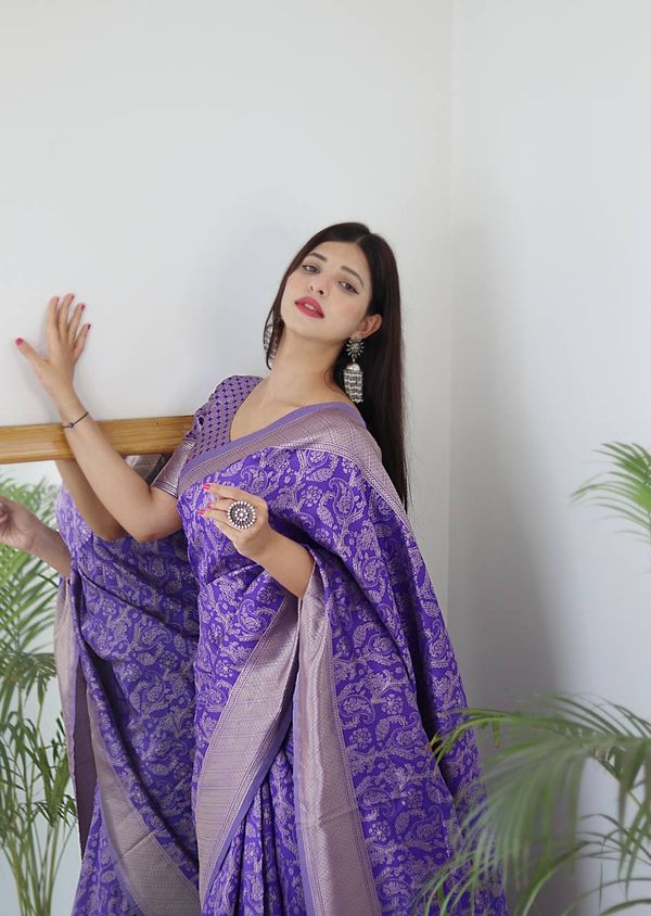 Royal Purple Banarasi Soft Silk Saree with Silver Zari