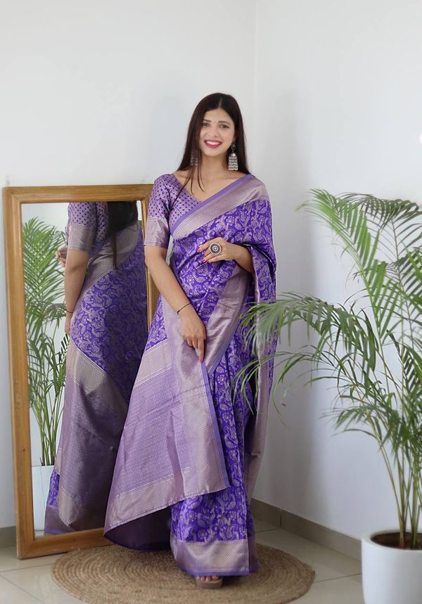 Royal Purple Banarasi Soft Silk Saree with Silver Zari