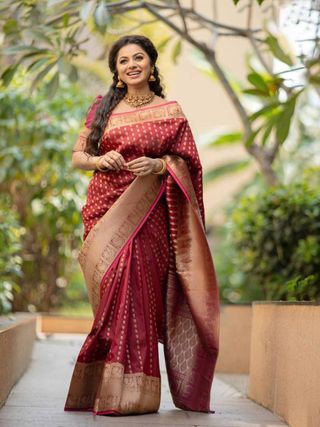 Maroon Banarasi Soft Silk Saree with Antique Gold Zari Border