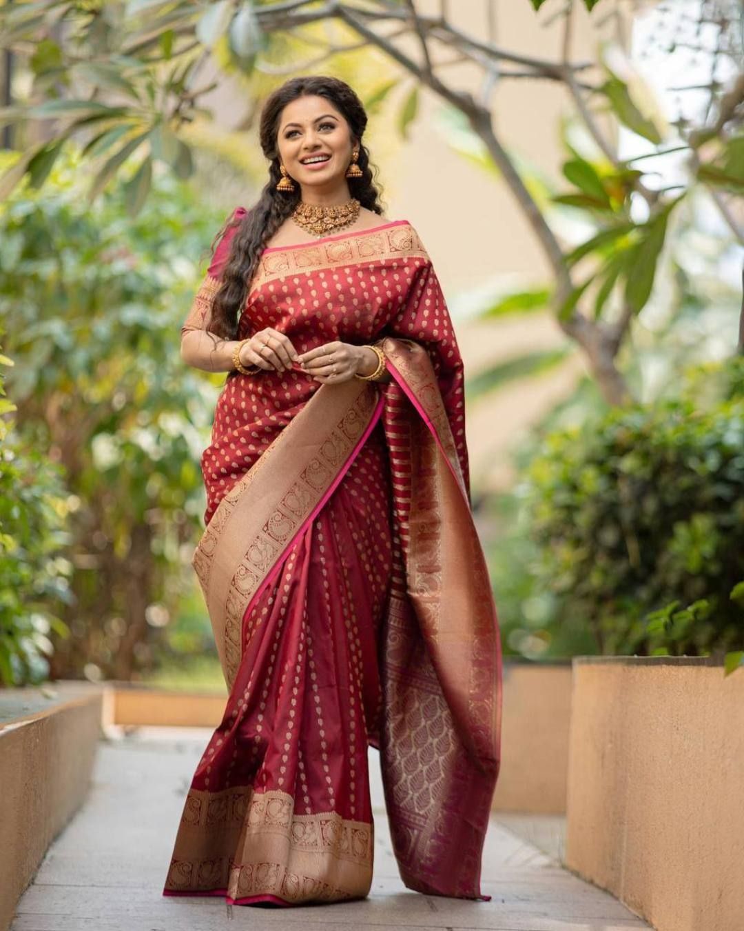 Maroon Banarasi Soft Silk Saree with Antique Gold Zari Border