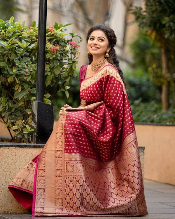 Maroon Banarasi Soft Silk Saree with Antique Gold Zari Border