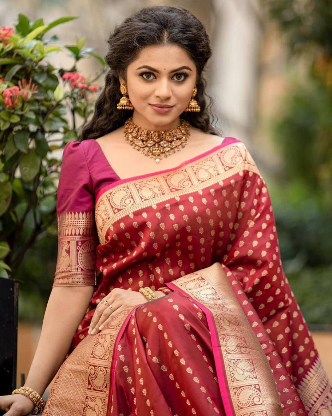 Maroon Banarasi Soft Silk Saree with Antique Gold Zari Border