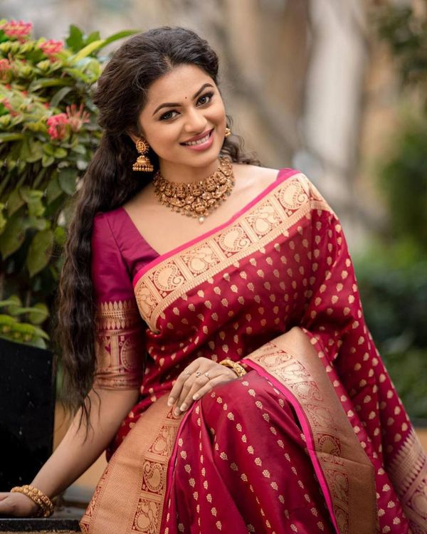 Maroon Banarasi Soft Silk Saree with Antique Gold Zari Border