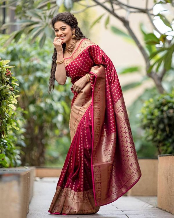 Maroon Banarasi Soft Silk Saree with Antique Gold Zari Border