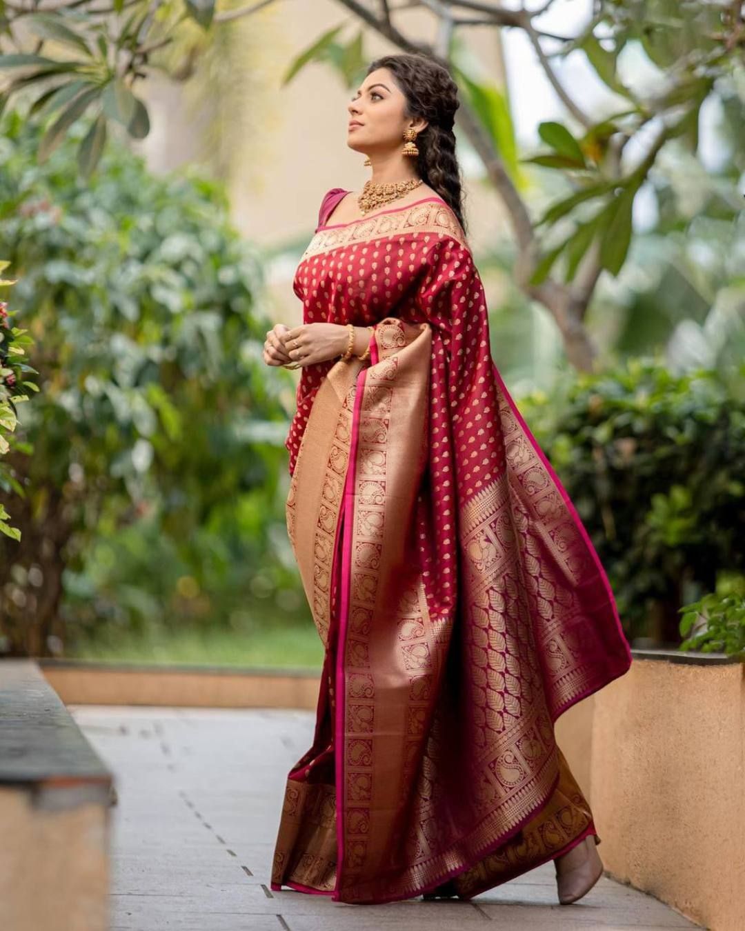 Maroon Banarasi Soft Silk Saree with Antique Gold Zari Border