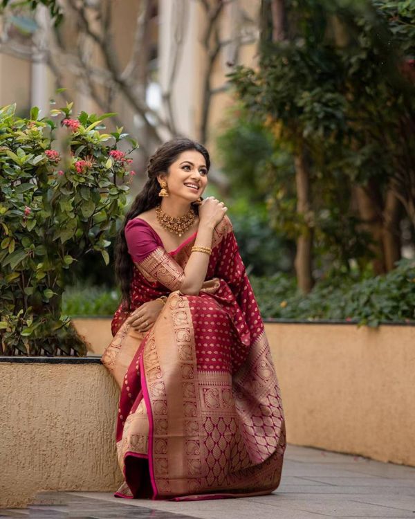 Maroon Banarasi Soft Silk Saree with Antique Gold Zari Border