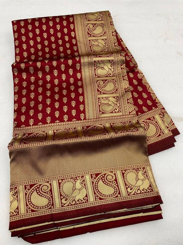 Maroon Banarasi Soft Silk Saree with Antique Gold Zari Border