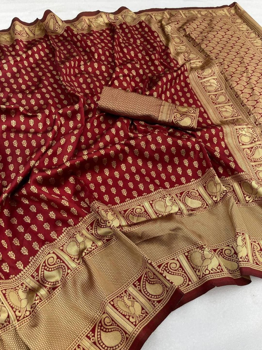 Maroon Banarasi Soft Silk Saree with Antique Gold Zari Border