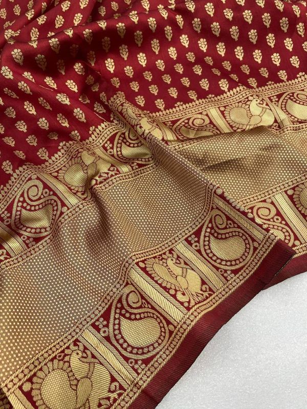 Maroon Banarasi Soft Silk Saree with Antique Gold Zari Border