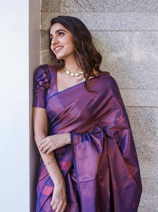 Royal Purple Banarasi Soft Silk Saree with Copper Gold Weaving