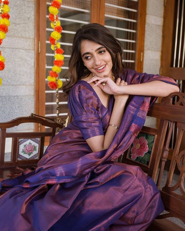 Royal Purple Banarasi Soft Silk Saree with Copper Gold Weaving