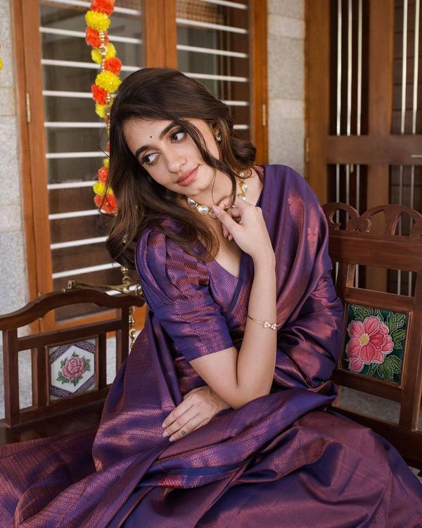 Royal Purple Banarasi Soft Silk Saree with Copper Gold Weaving