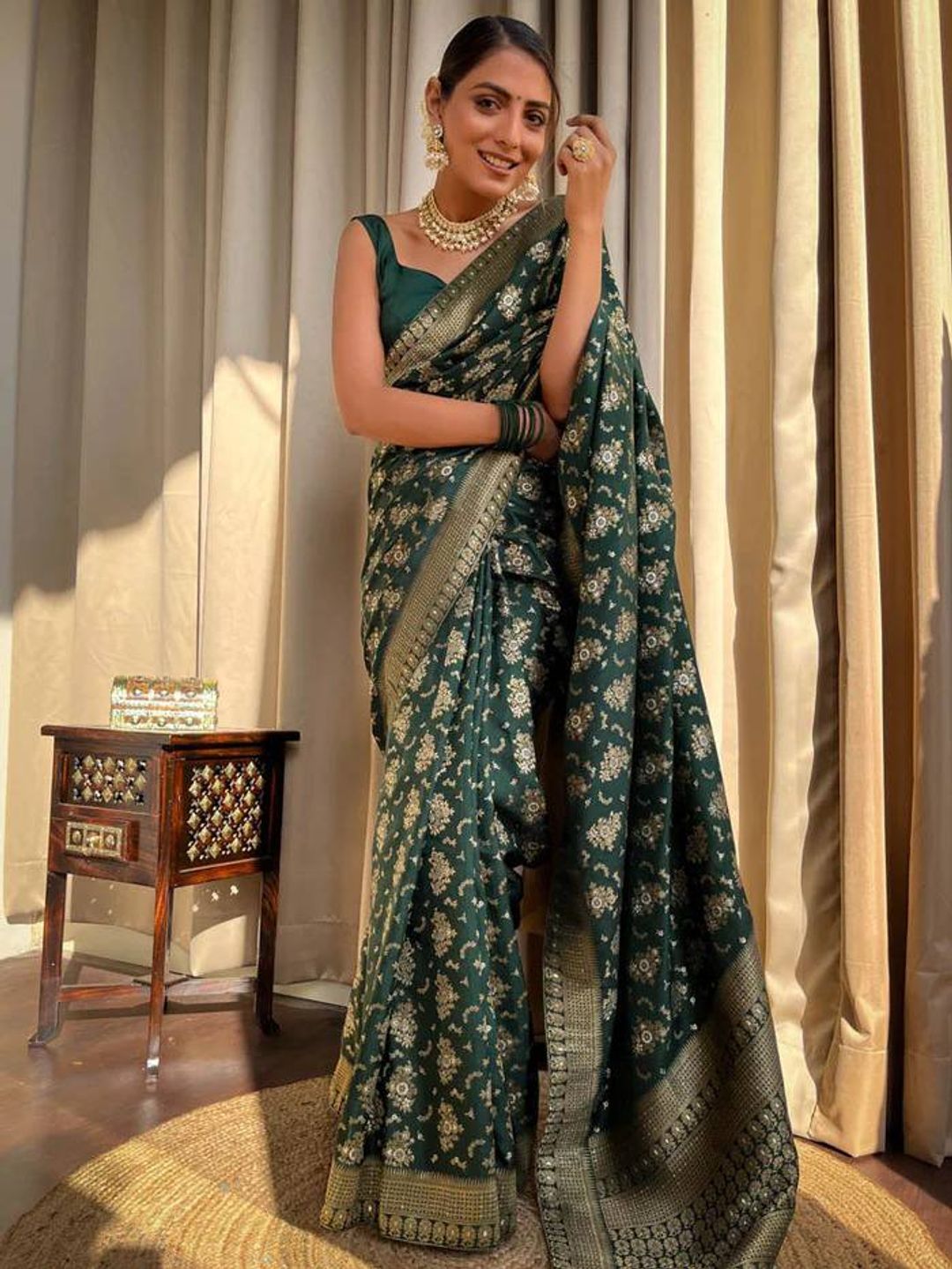 Bottle Green Banarasi Soft Silk Saree with Golden Floral Weaving