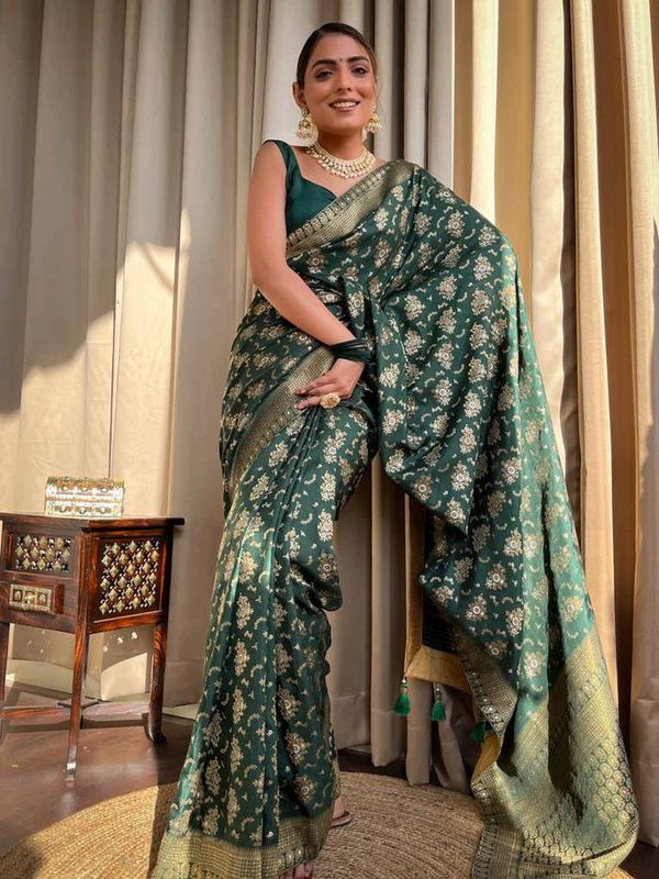 Bottle Green Banarasi Soft Silk Saree with Golden Floral Weaving