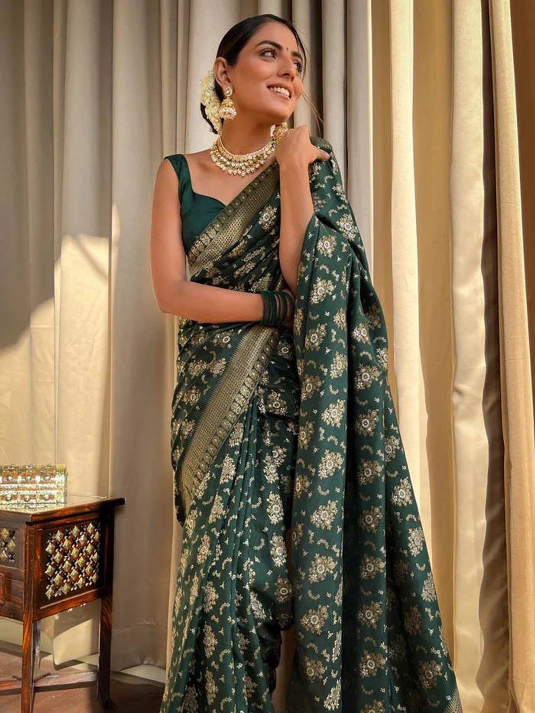 Bottle Green Banarasi Soft Silk Saree with Golden Floral Weaving