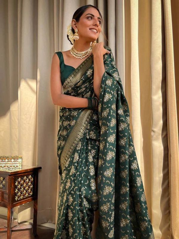 Bottle Green Banarasi Soft Silk Saree with Golden Floral Weaving