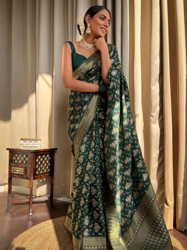Bottle Green Banarasi Soft Silk Saree with Golden Floral Weaving