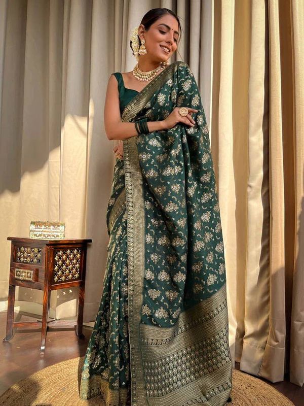 Bottle Green Banarasi Soft Silk Saree with Golden Floral Weaving