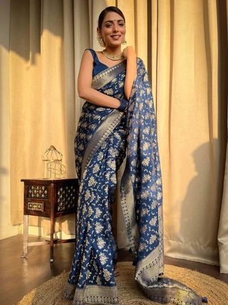Royal Blue Banarasi Soft Silk Saree with Golden Floral Motifs