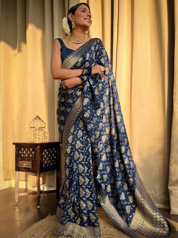 Royal Blue Banarasi Soft Silk Saree with Golden Floral Motifs