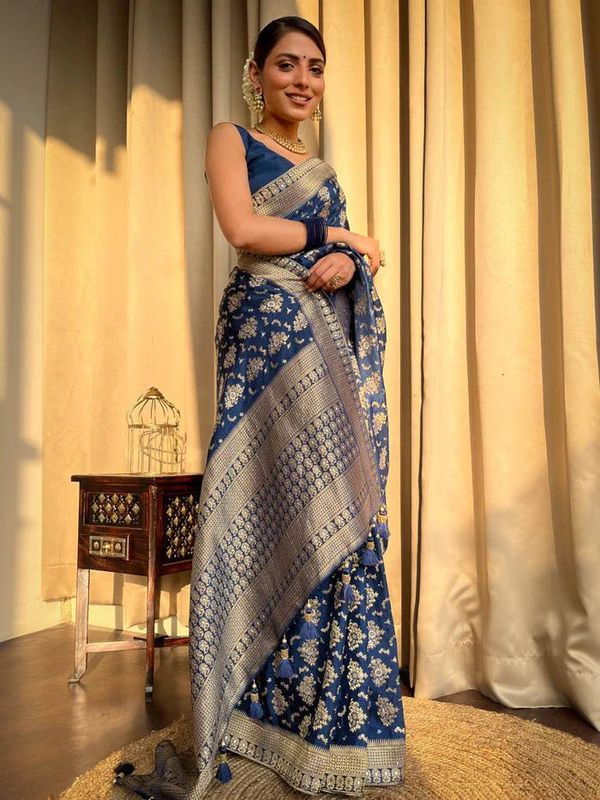 Royal Blue Banarasi Soft Silk Saree with Golden Floral Motifs