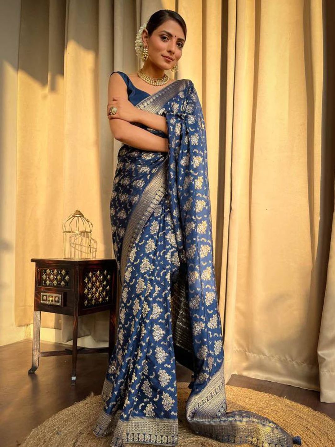 Royal Blue Banarasi Soft Silk Saree with Golden Floral Motifs