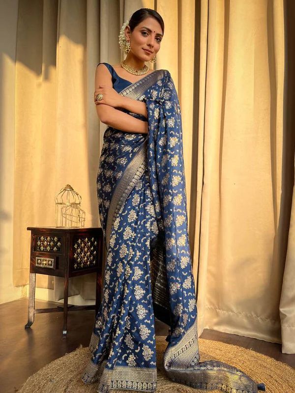 Royal Blue Banarasi Soft Silk Saree with Golden Floral Motifs