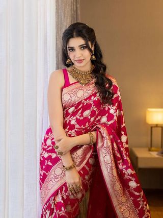 Rani Pink Banarasi Soft Silk Saree with Golden Floral Weaving
