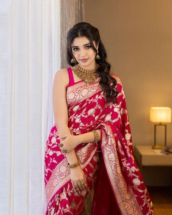 Rani Pink Banarasi Soft Silk Saree with Golden Floral Weaving