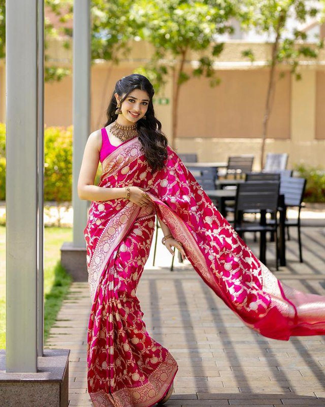 Rani Pink Banarasi Soft Silk Saree with Golden Floral Weaving
