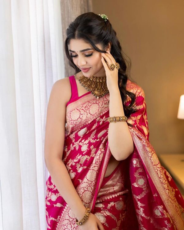 Rani Pink Banarasi Soft Silk Saree with Golden Floral Weaving