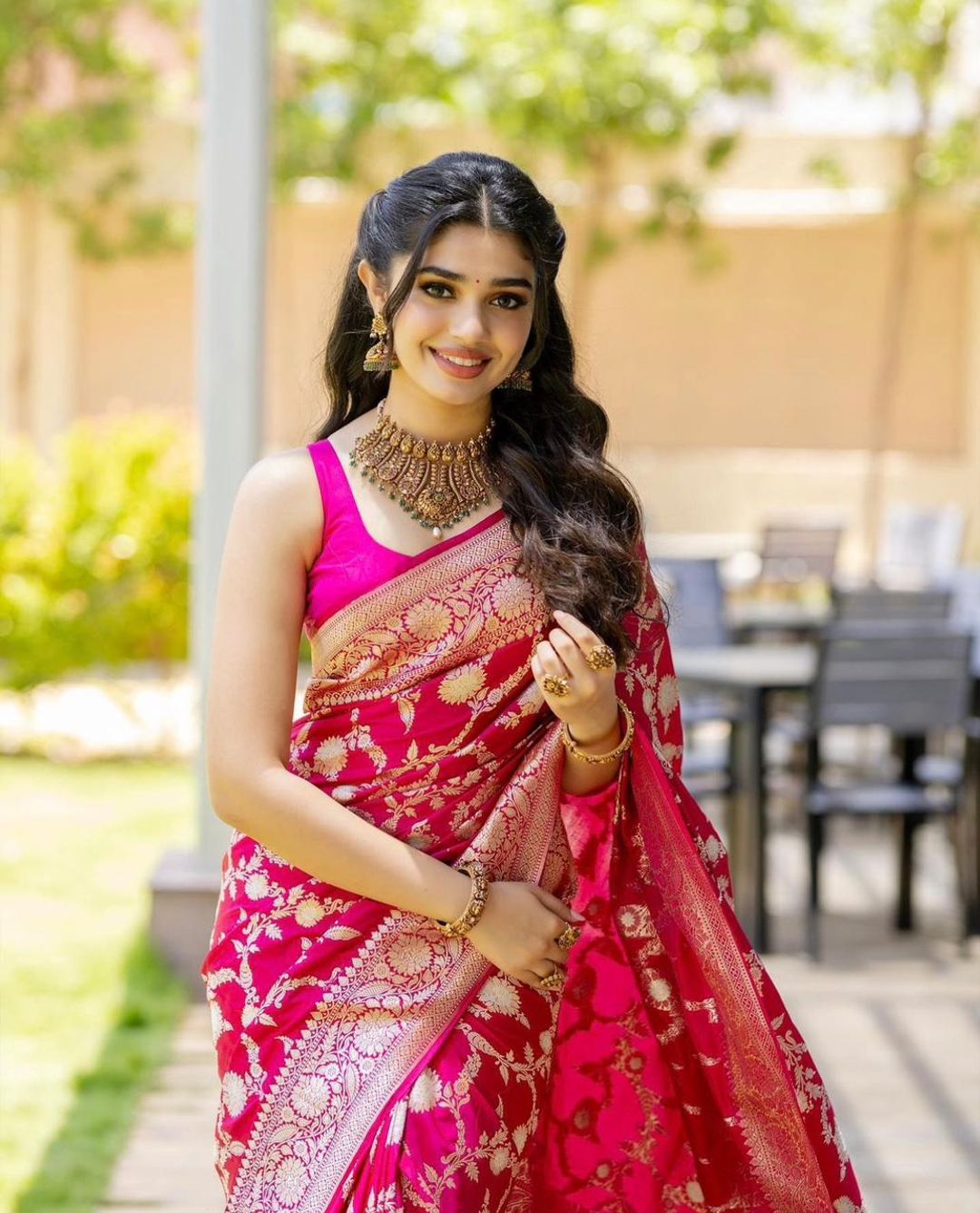 Rani Pink Banarasi Soft Silk Saree with Golden Floral Weaving