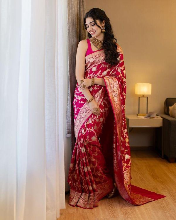 Rani Pink Banarasi Soft Silk Saree with Golden Floral Weaving