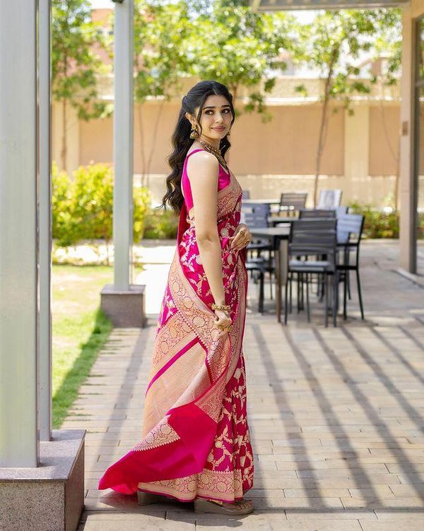 Rani Pink Banarasi Soft Silk Saree with Golden Floral Weaving