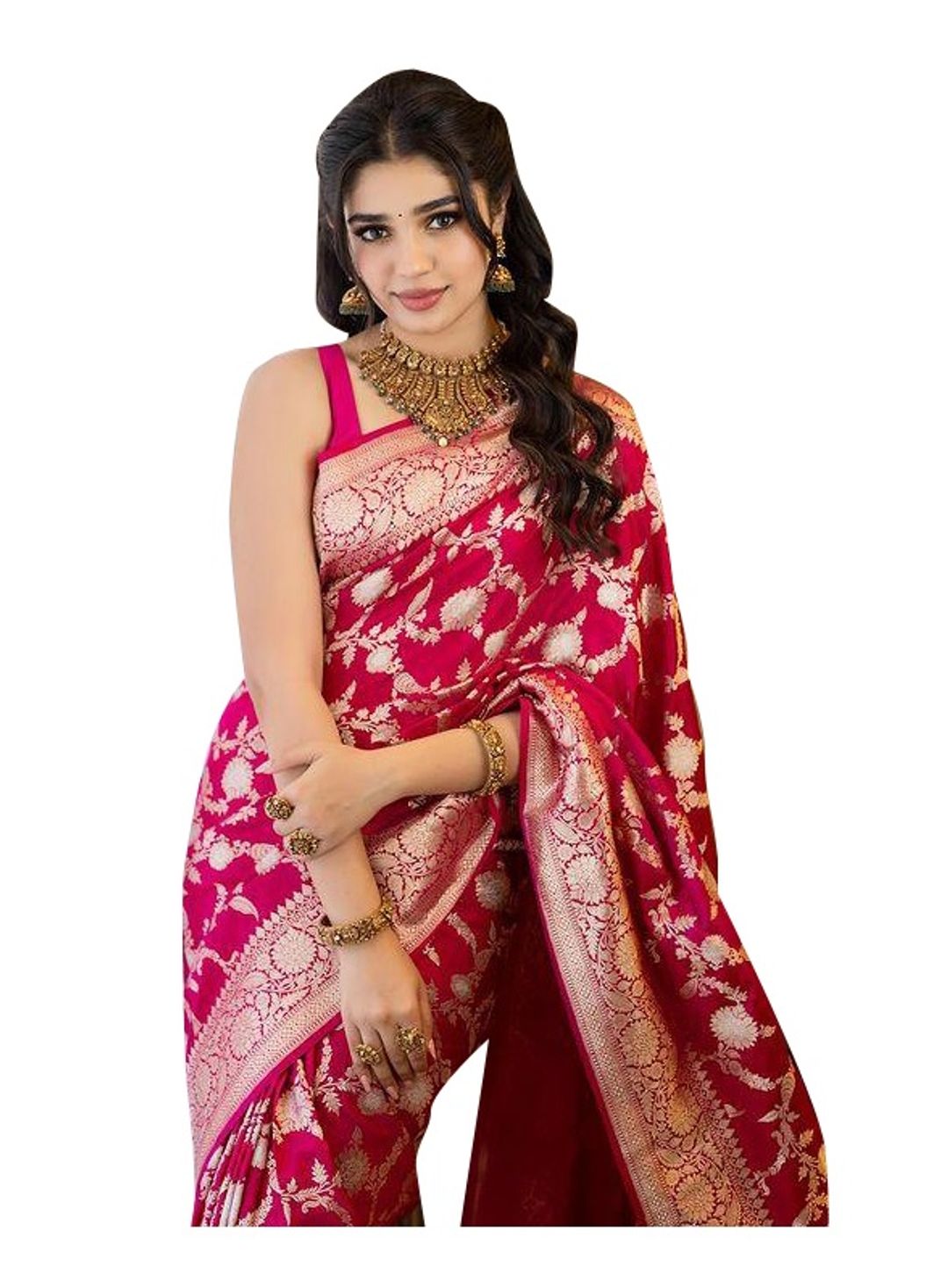 Rani Pink Banarasi Soft Silk Saree with Golden Floral Weaving