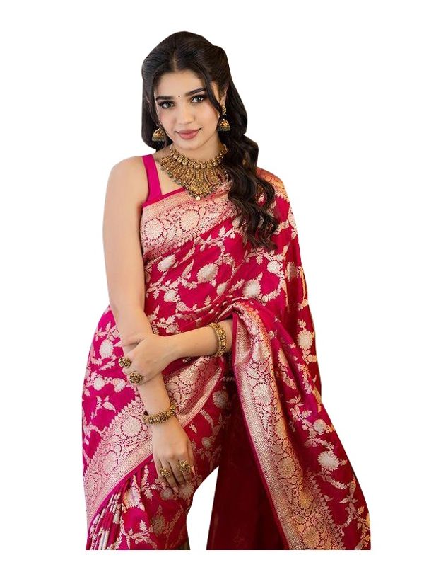 Rani Pink Banarasi Soft Silk Saree with Golden Floral Weaving