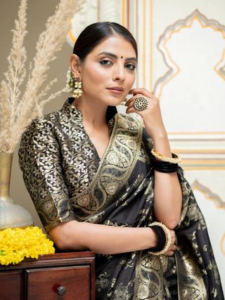 Black Banarasi Soft Silk Saree with Golden Floral Weaving