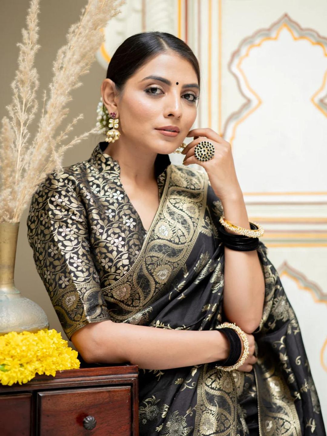 Black Banarasi Soft Silk Saree with Golden Floral Weaving