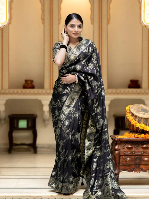 Black Banarasi Soft Silk Saree with Golden Floral Weaving