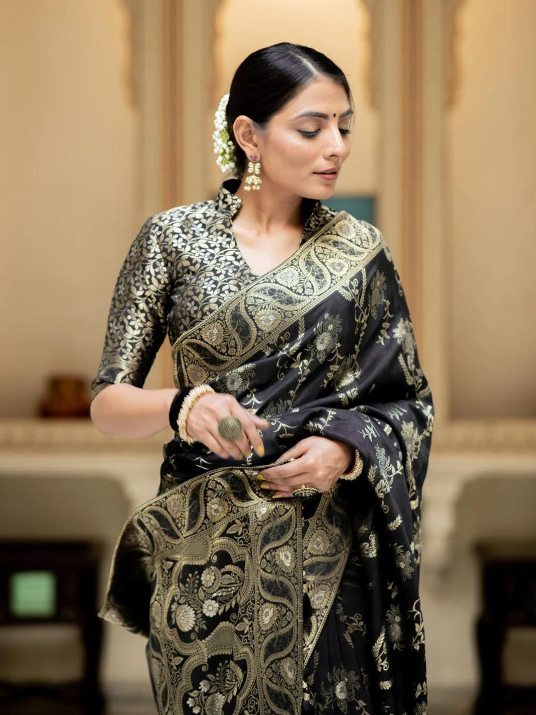 Black Banarasi Soft Silk Saree with Golden Floral Weaving