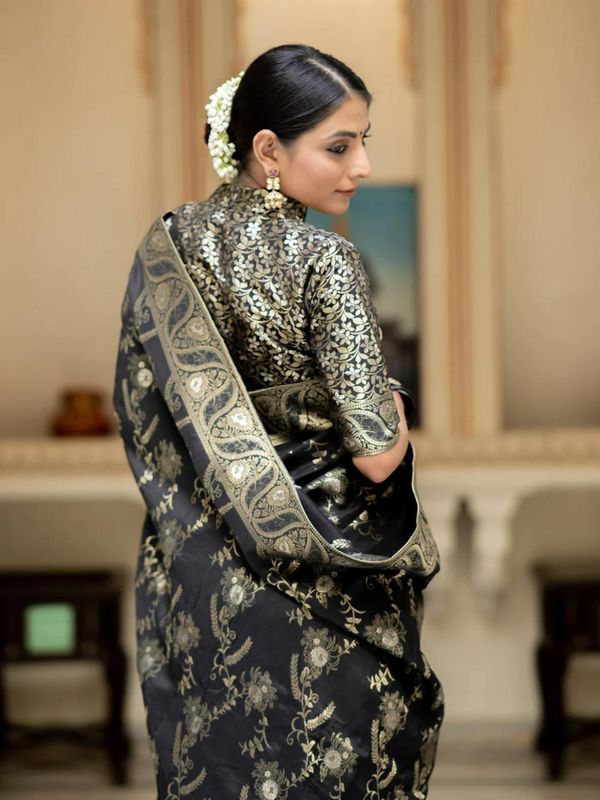 Black Banarasi Soft Silk Saree with Golden Floral Weaving