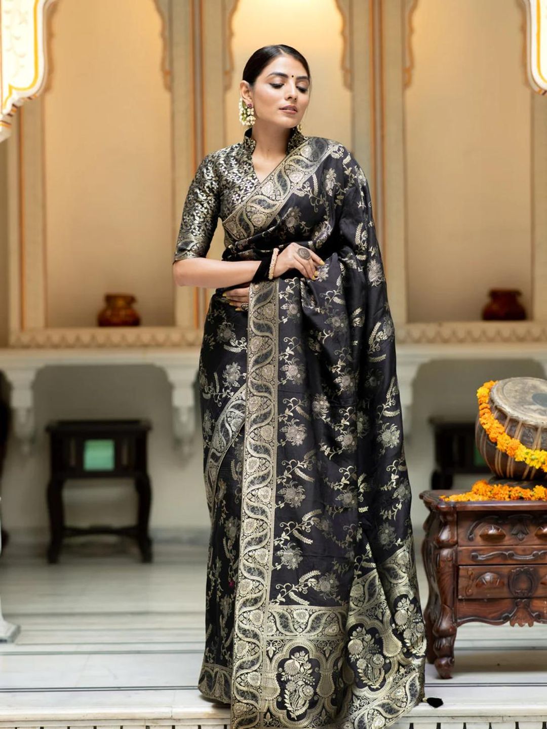 Black Banarasi Soft Silk Saree with Golden Floral Weaving