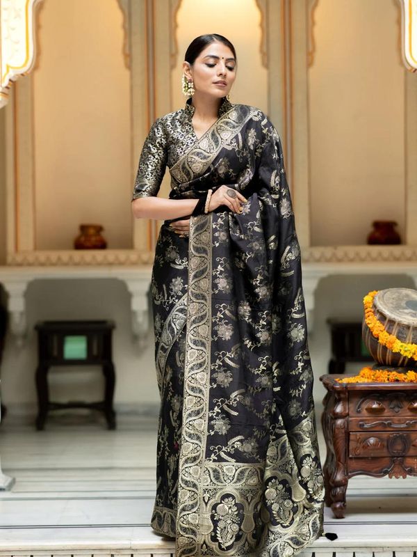 Black Banarasi Soft Silk Saree with Golden Floral Weaving
